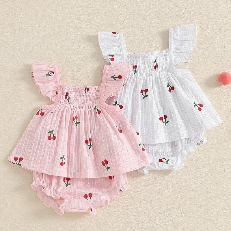 Newborn Baby Girl Clothes Set Cherry Print Smocked Fly Sleeve Shorts 2 Piece Summer Outfit