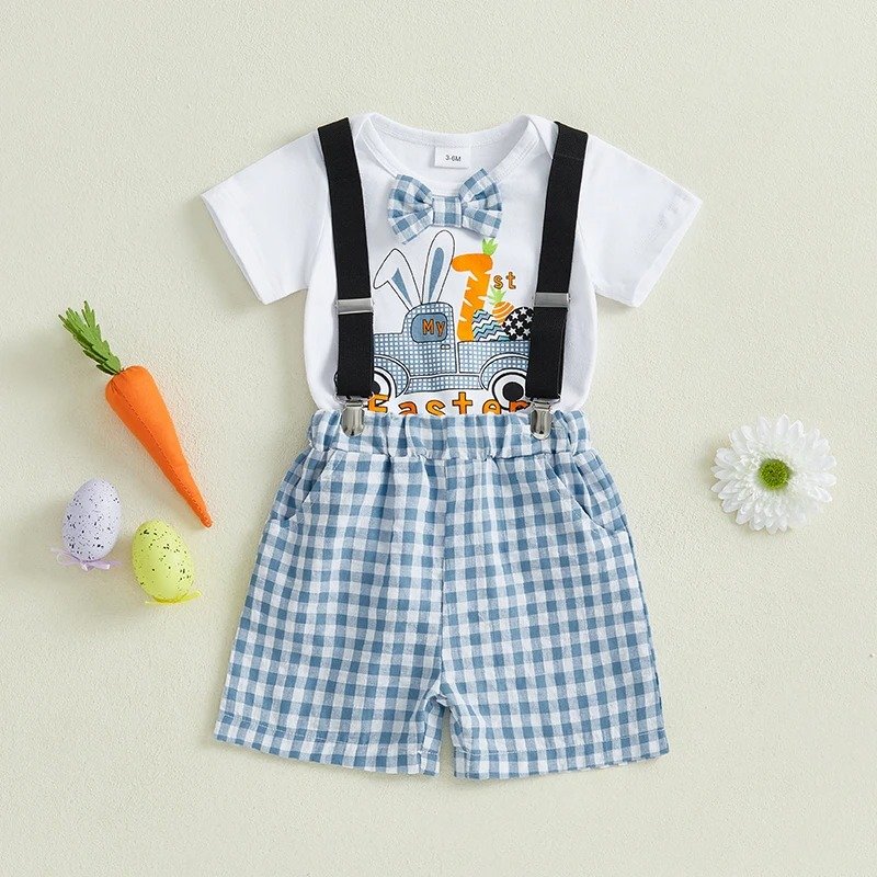 Blue Bunny Print Short Sleeve Round Neck T-shirt with Denim Suspender
