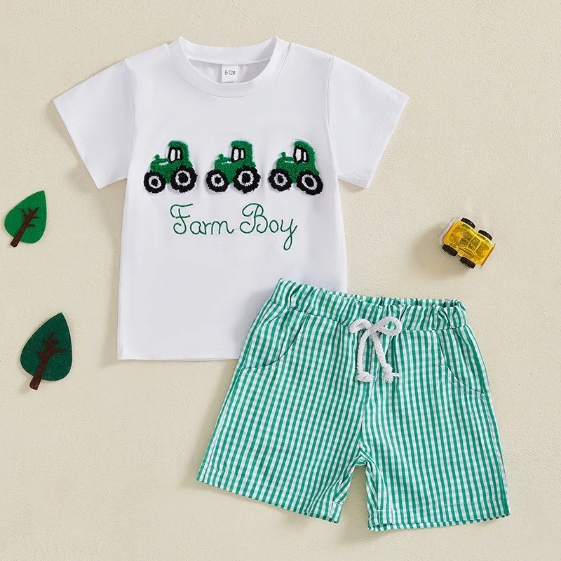 Dinosaur Print Short Sleeve T-Shirt and Elastic Waistband Denim Short