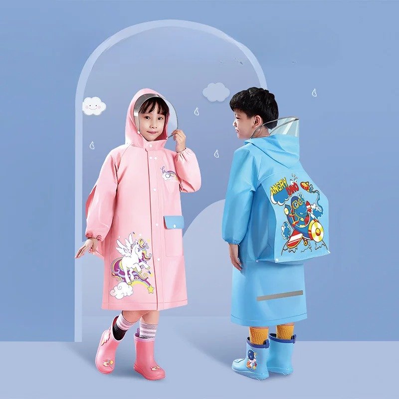 5-12 Year Old Children's Cartoon Waterproof Raincoat with Backpack Space Large Capacity Raincoat